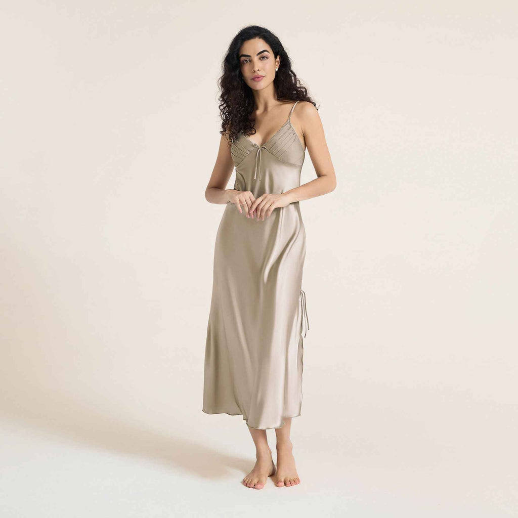 Ice Silk Bow Slit Long Camisole Nightgown