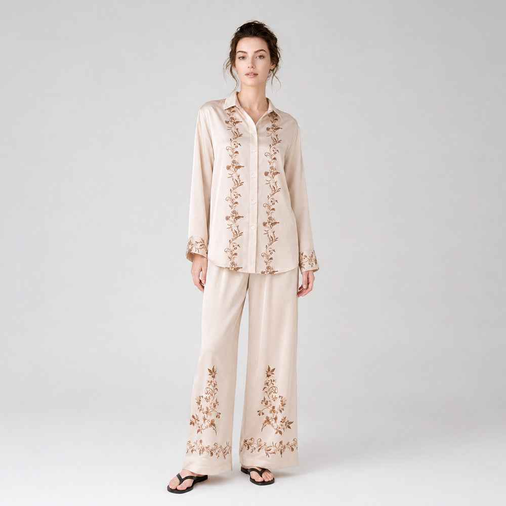 Satin Chiffon Printed Long Sleeve Casual Loungewear Set
