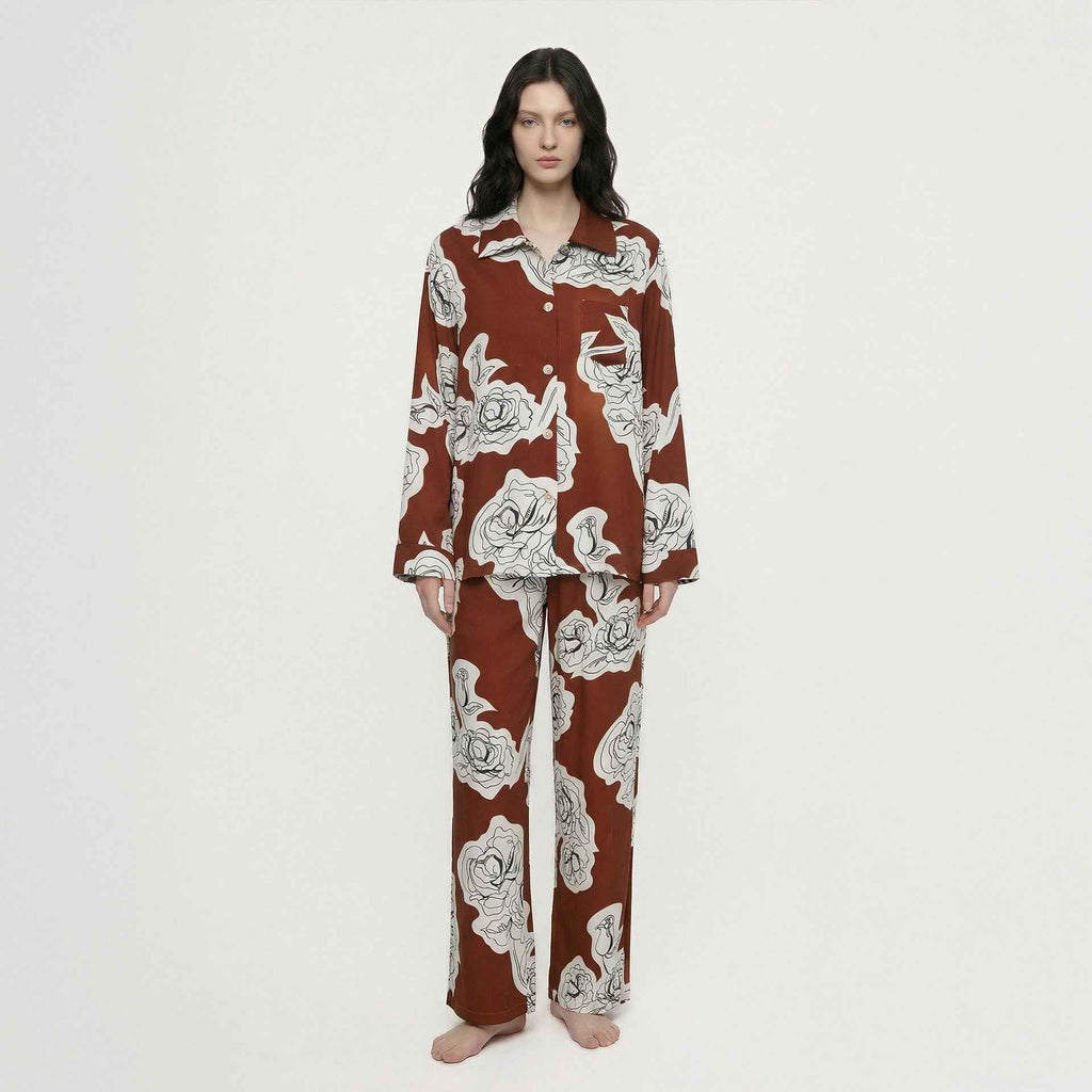 Rayon Turn-Down Collar Cardigan Long Sleeve Pajama Set