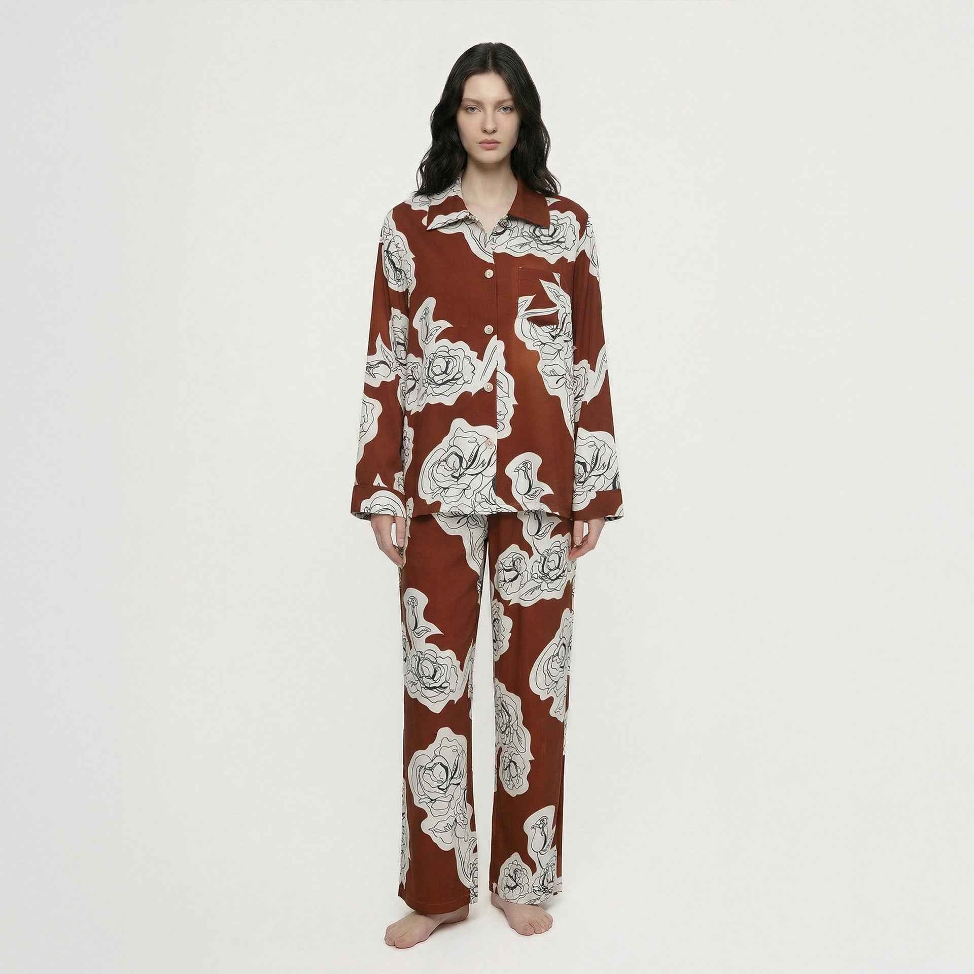Rayon Turn-Down Collar Cardigan Long Sleeve Pajama Set