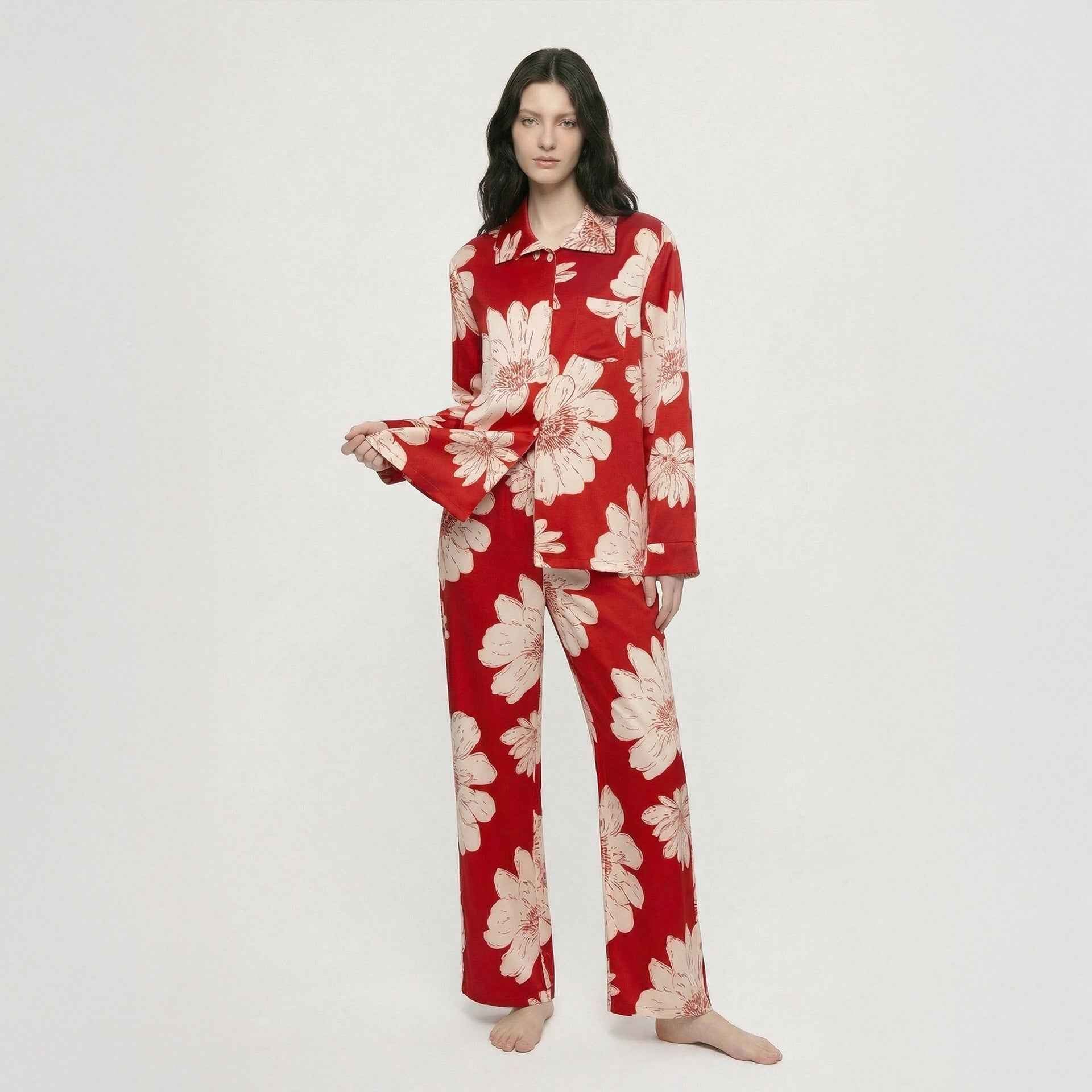 Rayon Turn-Down Collar Cardigan Long Sleeve Pajama Set