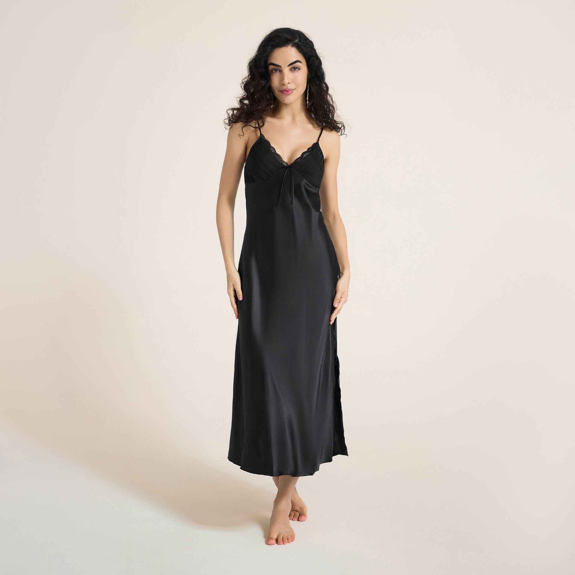 Ice Silk Bow Slit Long Camisole Nightgown