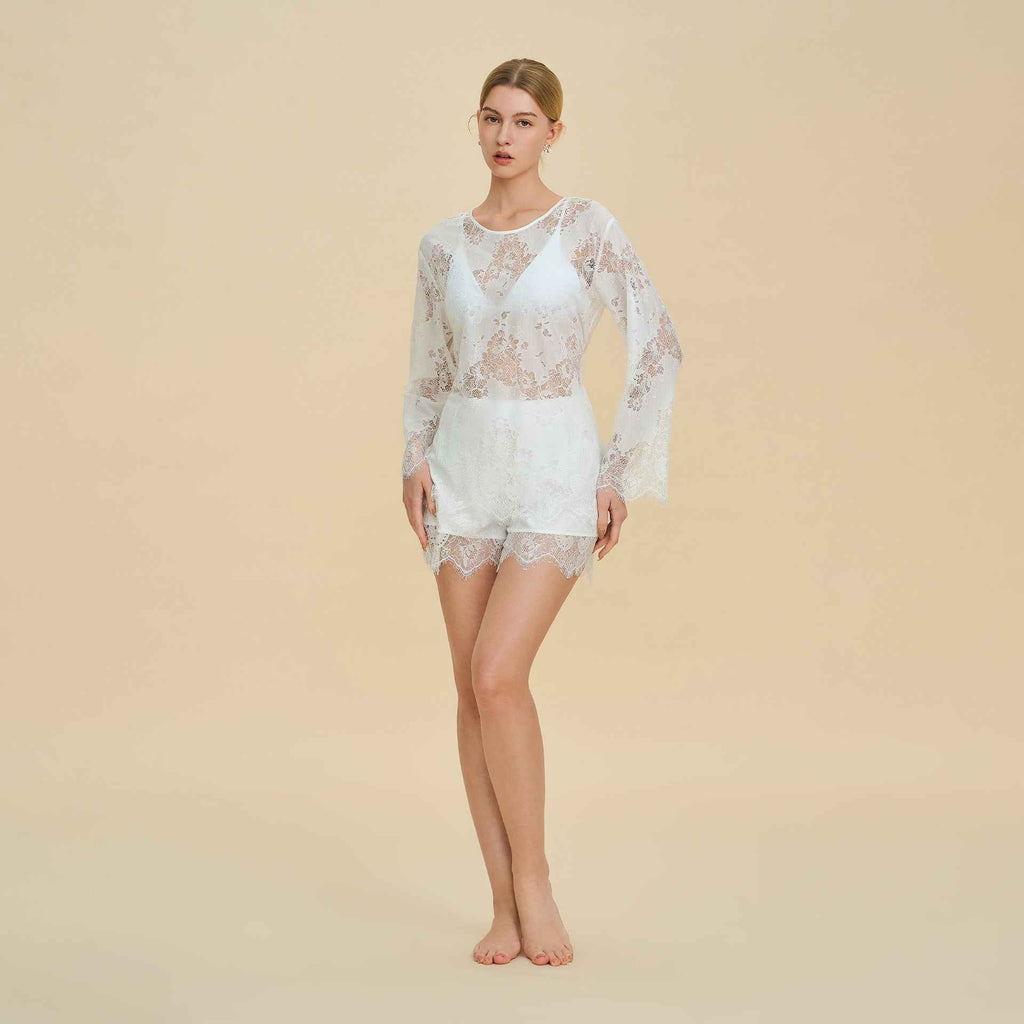 French Lace Hollow Long Sleeve Shorts Set