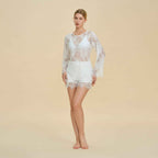 French Lace Hollow Long Sleeve Shorts Set