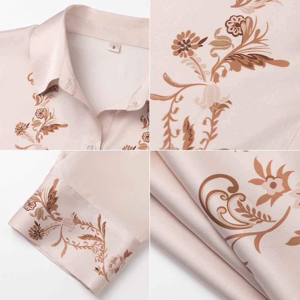 Satin Chiffon Printed Long Sleeve Casual Loungewear Set