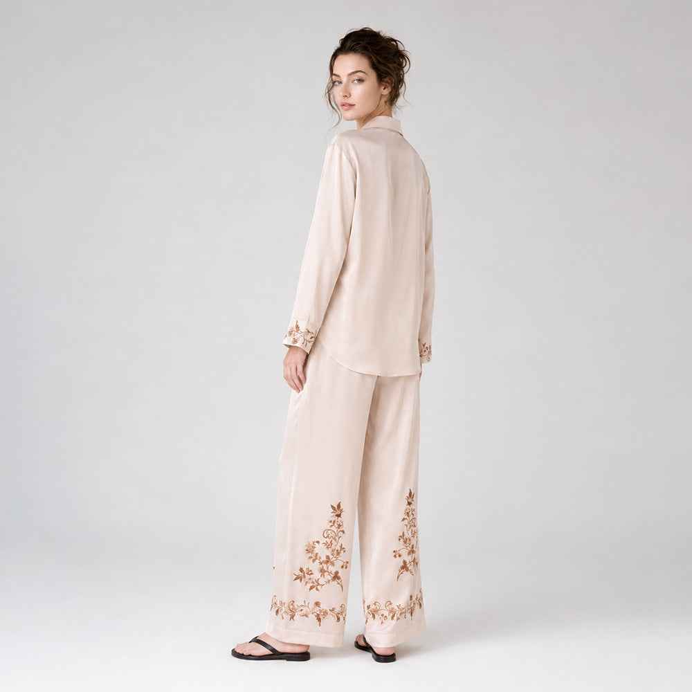 Satin Chiffon Printed Long Sleeve Casual Loungewear Set