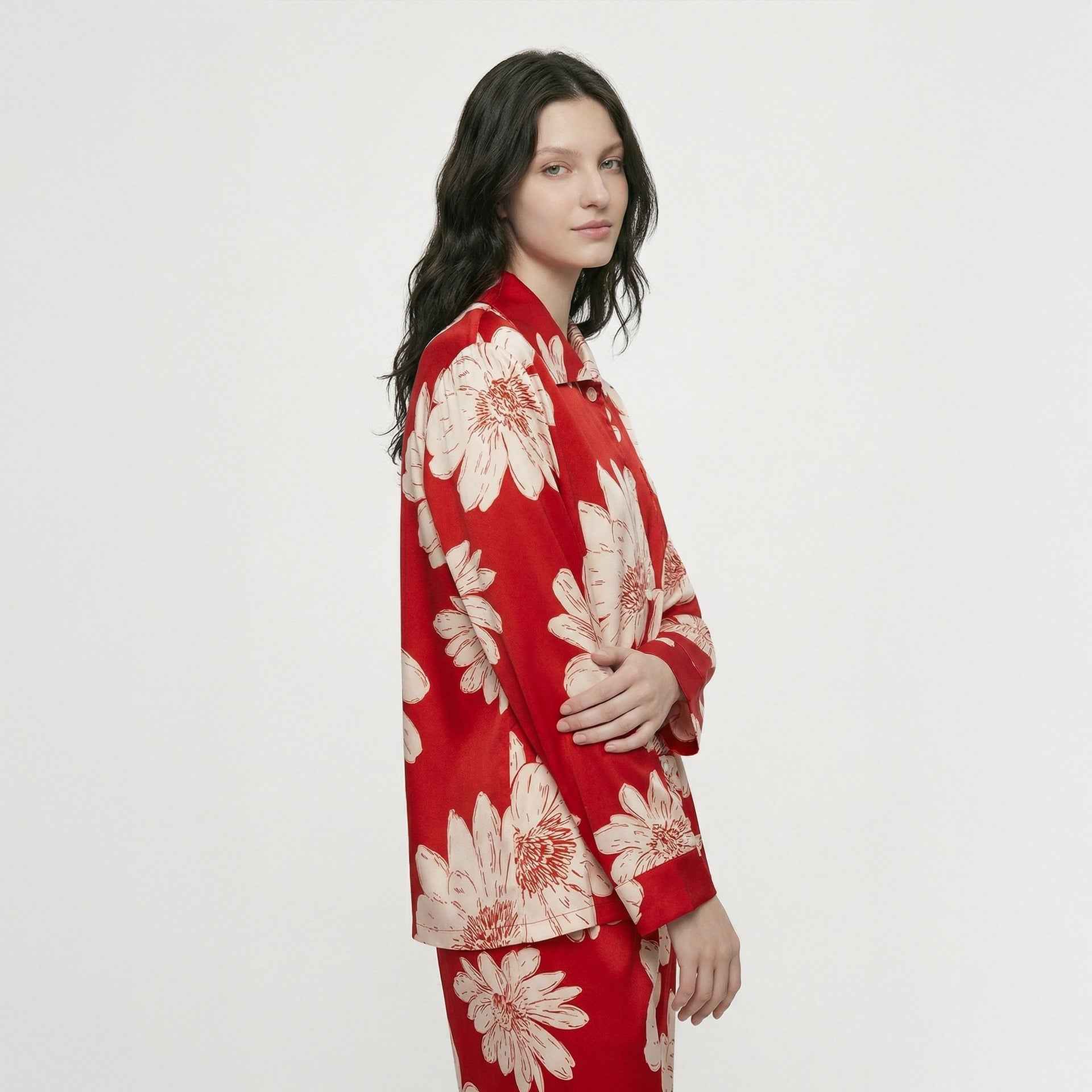 Rayon Turn-Down Collar Cardigan Long Sleeve Pajama Set