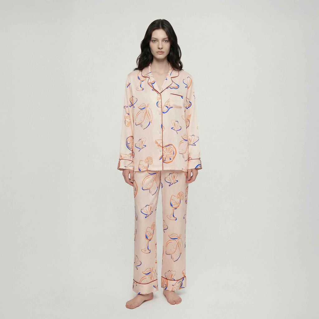 Rayon Printed Cardigan Long Sleeve Pajama Set