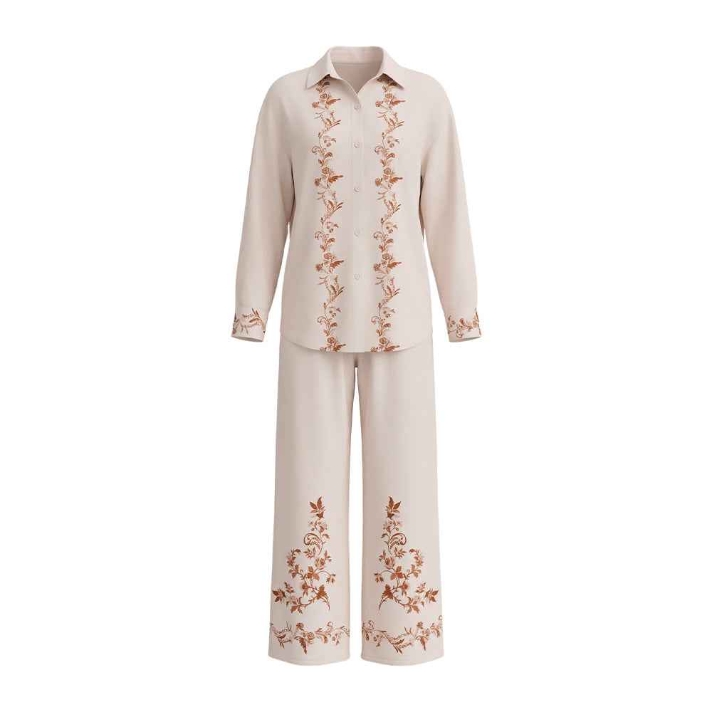 Satin Chiffon Printed Long Sleeve Casual Loungewear Set