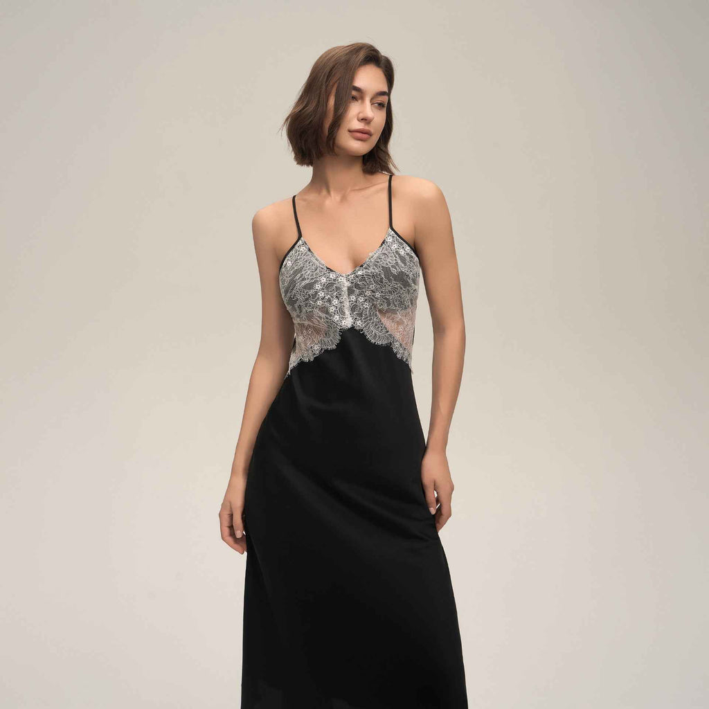 Lace Splice Backless Camisole Long Nightgown